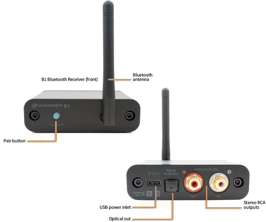 Audioengine B1 HiFi Bluetooth Receiver with AptX-HD - Long Range Wireless and High Fidelity Audio 24 bit DAC for Stereo Adapter