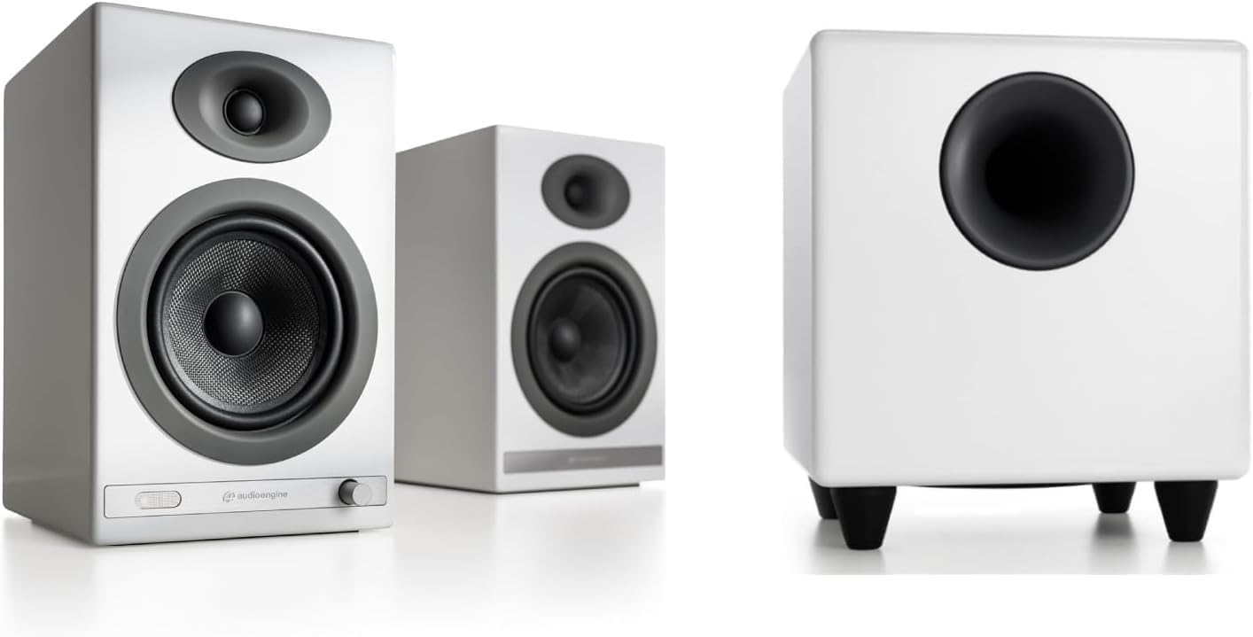 Audioengine HD5 White 150W Music System with S8 White Subwoofer with Remote