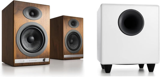 Audioengine HD5 Walnut 150W Home Music System with S8 White Subwoofer and Remote