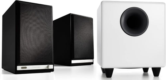 Audioengine HD5 Black Home Music System with White S8 Subwoofer with Remote