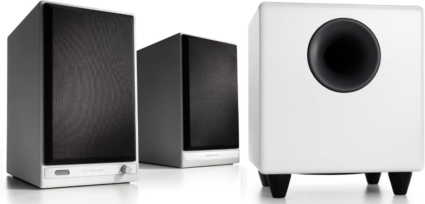 Audioengine HD6 Black Powered Bookshelf Stereo Speakers and S8 White Subwoofer with Remote