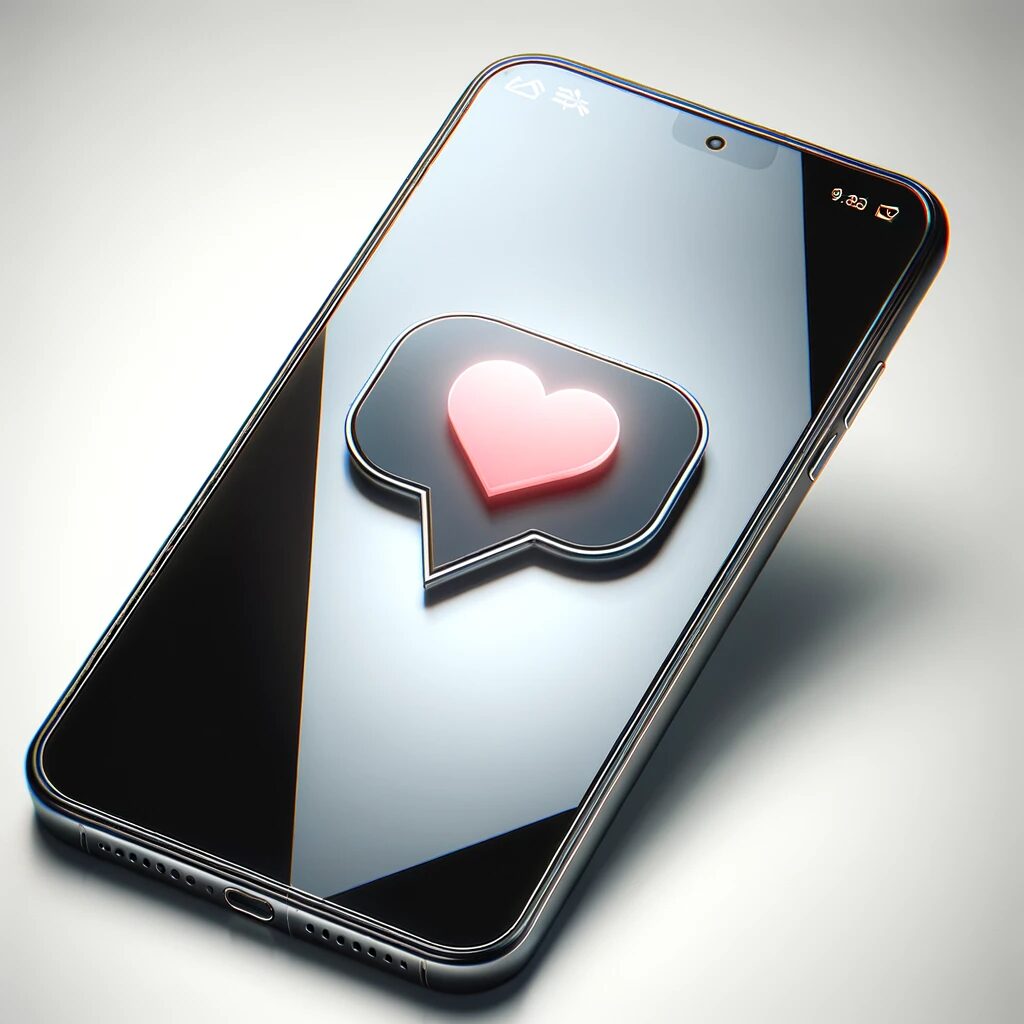 DALL·E 2023-11-17 11.05.48 - A modern smartphone with a sleek design, displaying a heart symbol in a speech bubble on the screen. The phone should have a minimalistic look with a