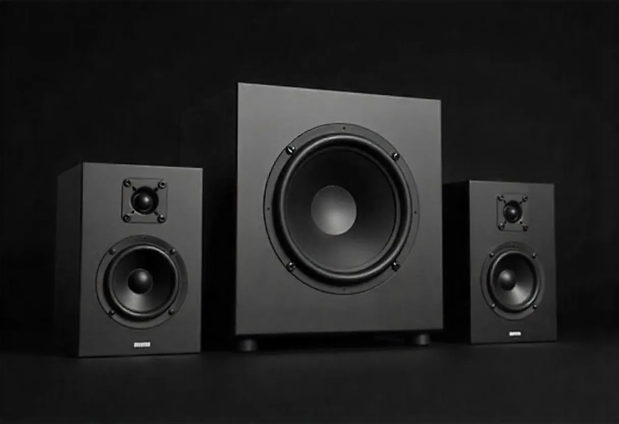 Three black speakers with no accents one is a subw